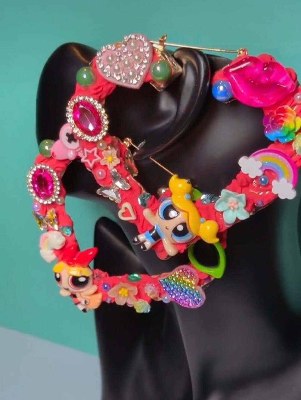 Bright Hot Pink Powerpuff Charm XL Hoop Earrings – Playful Cartoon Statement